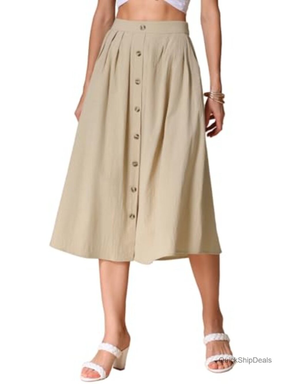 100% Cotton Women's High Waist Pleated Maxi Skirt A-Line Casual